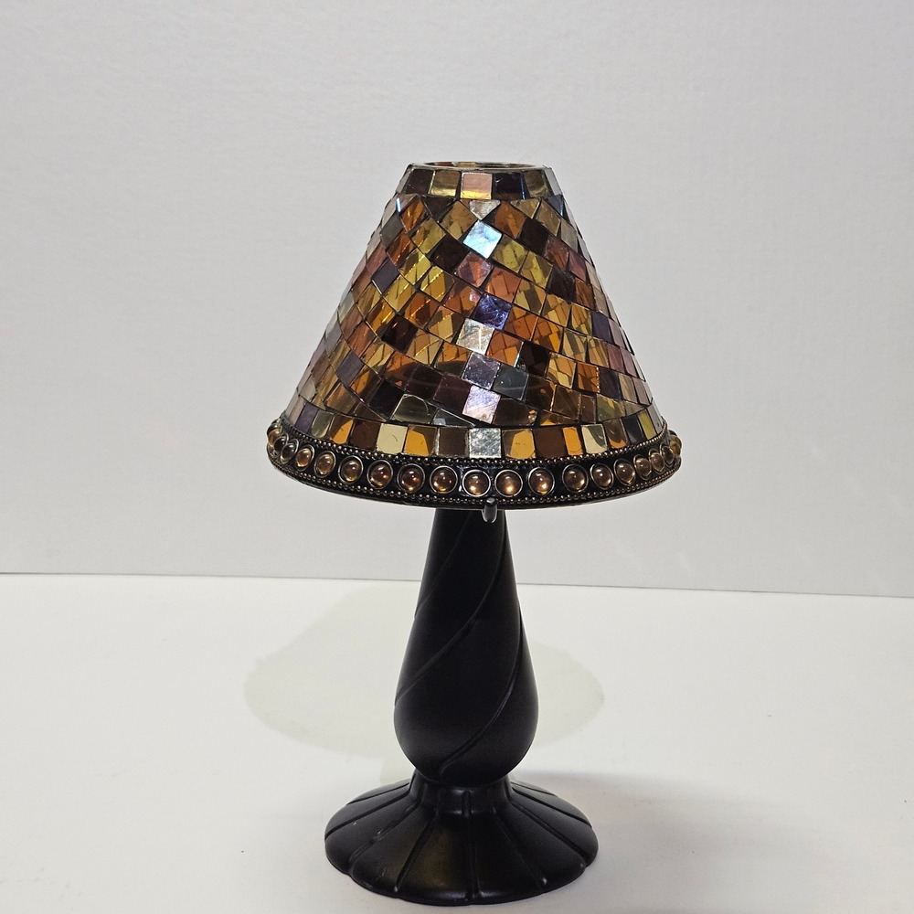 Mosaic Glass Candle Lamp Amber Gold Iridescent Tile Shade Bronze Pedestal Base